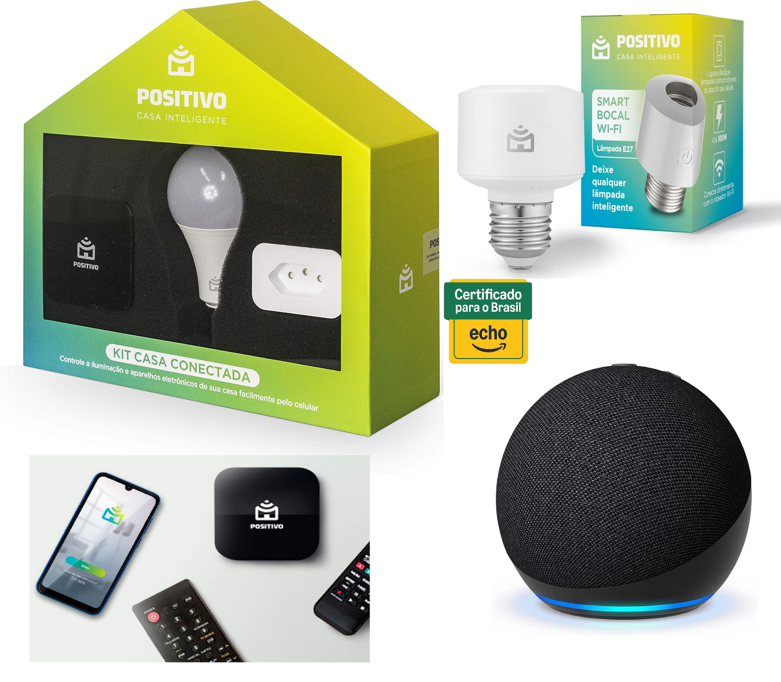Kit casa conectada para iniciantes com o Echo Dot, lâmpada inteligente, tomada inteligente e controle universal da Positivo sobre uma superfície limpa.