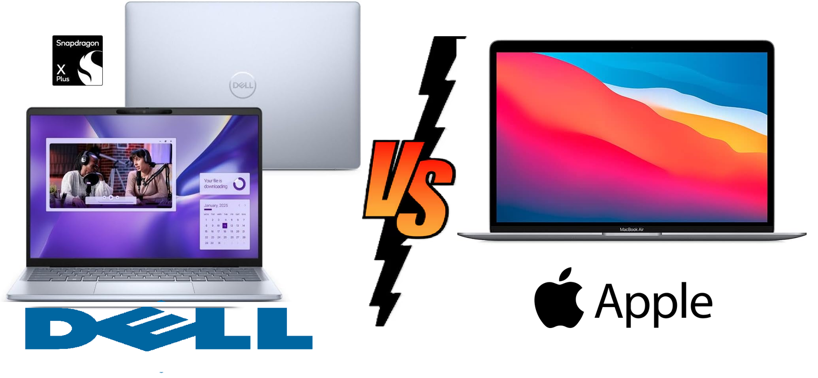 Imagem comparativa mostrando o notebook Dell Inspiron 14 Plus e o Apple MacBook Air M1 lado a lado, com um "VS." no centro, representando um post de análise de produtos.