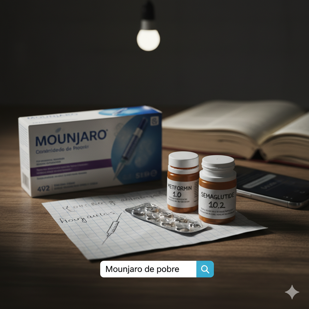 Caixa do medicamento Mounjaro ao lado de frascos de Metformina e Semaglutida, com uma folha de caderno com anotações e uma barra de busca com o termo "Mounjaro de pobre".